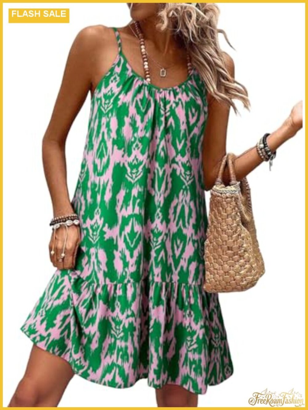Women's Spaghetti Strap Smocked Flowy Boho Mini Dress Sleeveless V-Neck